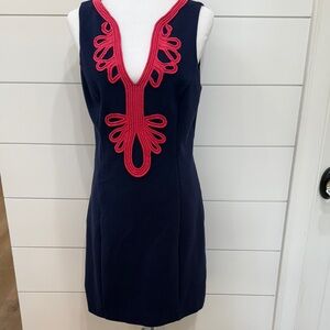 Lilly Pulitzer Janice Sheath Navy Dress with Pinkish Coral Embroidery